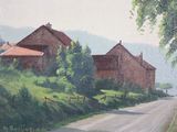 a painting of a country road with a farm in the background