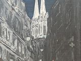 une peinture représentant une rue de la ville avec une église en arrière-plan