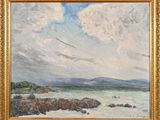 an oil painting of a view of the ocean from a rocky shore
