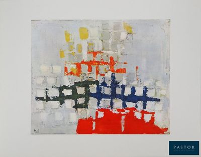peinture abstraite dans les tons de rouge, blanc, bleu et jaune sur fond blanc
