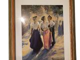 painting of a group of women walking down a street in dresses