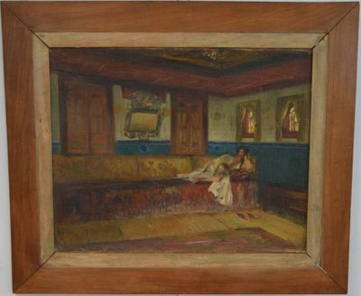 une peinture à l'huile représentant une femme assise sur un canapé dans un salon