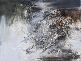 an abstract painting of a tree in the middle of a body of water
