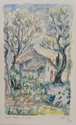 an image of a watercolor painting of a house in the woods