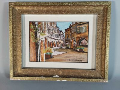 tableau représentant une scène de rue avec des bâtiments et des fleurs, dans un cadre doré