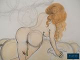 drawing of a woman laying on a bed with a tattoo on her arm