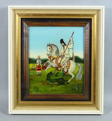 une peinture à l'huile représentant un homme à cheval, une épée à la main