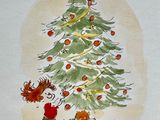 a drawing of a little girl decorating a christmas tree