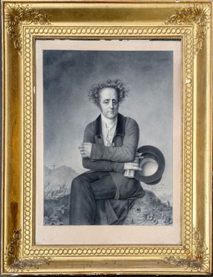 tableau représentant un homme assis sur un rocher, les bras croisés