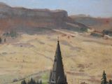 a painting of a church steeple in the middle of a field