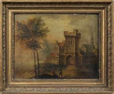 un vieux tableau représentant un château, avec un cheval et une calèche au premier plan