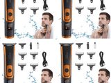 six different images of a man shaving his beard with an electric shaver