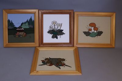 three framed pictures of mushrooms and leaves on a gray surface