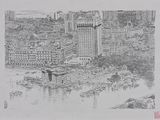 drawing of a view of a city from the air of a river
