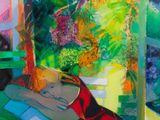 an image of a painting of a woman sitting at a table in front of a window