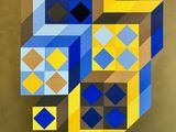 an abstract painting of blue, yellow and brown squares on a brown background