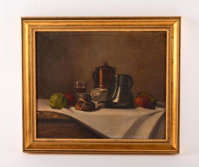 painting of a still life with a silver teapot, apples, and a glass