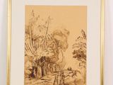 two framed drawings of a man and a woman in a wooded setting