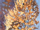 un tableau représentant un arbre aux feuilles jaunes dans un champ