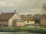 an oil painting of a farm scene with a pond in the foreground