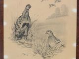 tableau représentant deux oiseaux perchés au-dessus d'un champ recouvert d'herbe
