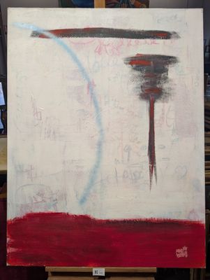 un tableau représentant un objet rouge et blanc posé sur un chevalet