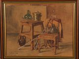 an image of a painting of a chair and a table with a pot on it