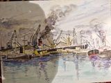 a picture of a painting of a harbor with boats
