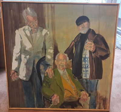 a painting of two men standing next to a painting of an older man