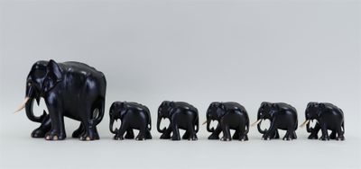 a group of elephants that are standing in a line