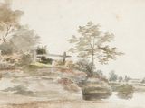 drawing of a house on a hill with a river in the foreground and trees in the foreground