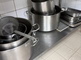 pots and pans sitting on the counter in the kitchen