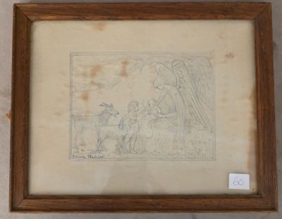un vieux dessin représentant un homme et un chien, encadré dans un cadre en bois