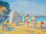 tableau représentant un groupe de personnes sur une plage, près d'une tente