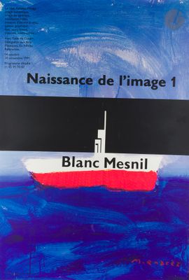 a painting of a boat in the ocean with a red and black stripe