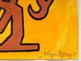a painting of a man holding an umbrella on a yellow background