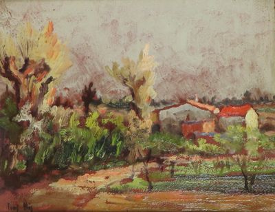 peinture représentant un tableau représentant un paysage avec des arbres et une rivière