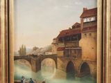 une peinture à l'huile représentant un pont enjambant une rivière, avec des personnes dessus