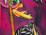 painting of a woman leaning against a palm tree with a pink sky in the background