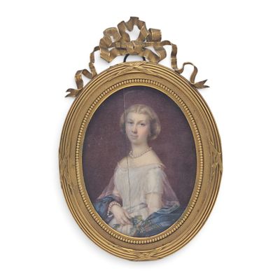 portrait of a young girl in a white dress with a blue shawl around her neck