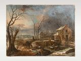 an image of a painting of a winter scene with a house in the background
