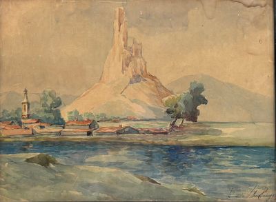painting of a view of a mountain with a body of water in the foreground