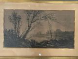 tableau représentant une scène fluviale, dans un cadre doré, accroché à un mur de briques
