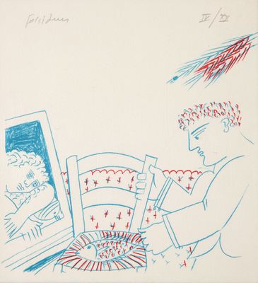 an image of a drawing of a man sitting in a chair looking at a mirror