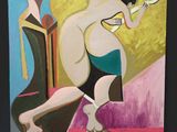un tableau représentant une femme assise sur une chaise, une cigarette aux lèvres