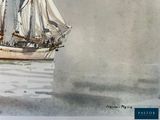 a watercolor painting of a sailboat in the water