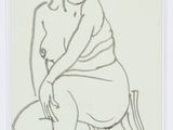 dessin représentant une femme assise sur un tabouret, les jambes croisées