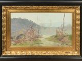 a painting of a landscape with trees and a river in the background