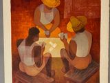 un tableau représentant trois personnes assises à une table