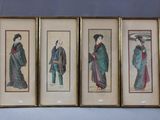 three framed asian paintings of women in kimono robes and hats